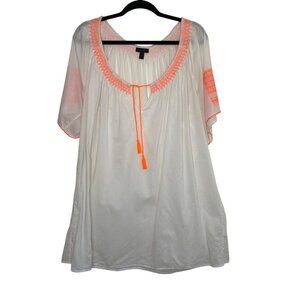 J Crew XL White Boho Tunic Top With Neon Orange Embroidery & Tassels 100% Cotton